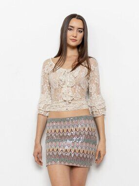 Vintage Y2K Sequin Mini Skirt – Pastel Sparkly Low Rise (Size Small)